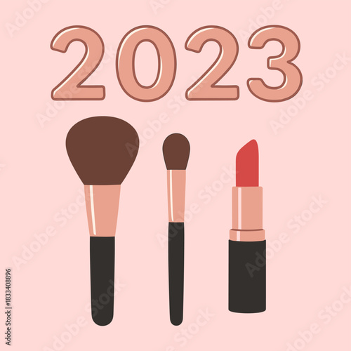 A top-down view of cosmetic brushes and lipstick against a pink backdrop, with rose‑gold numerals 2023 above, suitable for a New Year’s promotion and text overlay