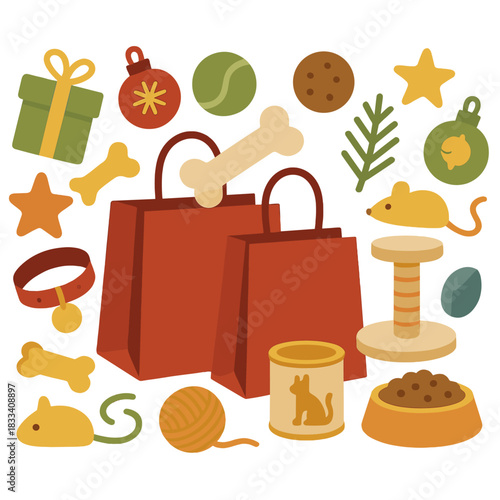 A background for pet holiday shopping and gifts featuring toys, accessories, food, and treats for cats and dogs, adorned with Christmas and New Year decorations on a white background with copy space