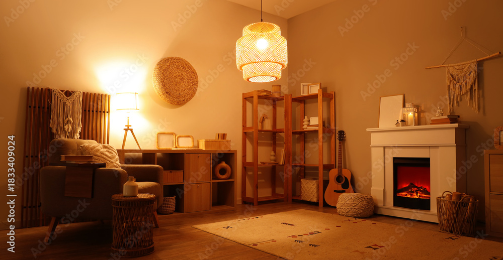 Fototapeta premium Interior of living room with fireplace, armchair and glowing lamps in evening
