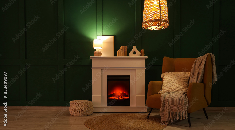 Fototapeta premium Interior of dark living room with fireplace, armchair and glowing lamps at night