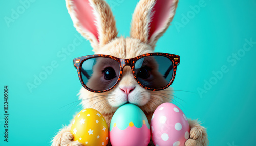 Encantador y esponjoso conejito marrón beige con gafas de sol sosteniendo huevos de Pascua de colores sobre fondo turquesa. Divertido, alegre, celebración, ambiente primaveral alegre y festivo.