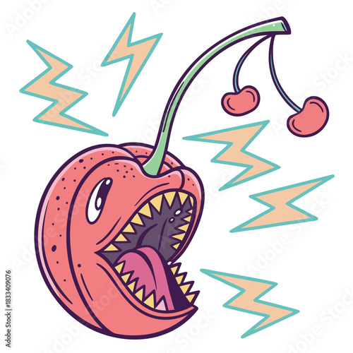 Angry Cherry Monster Vector: Aggressive Cartoon Fruit Mascot with Sharp Teeth and Lightning Bolts in a Retro Pop Art Style for T-shirt or Sticker Design