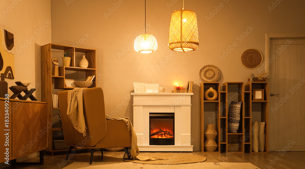 Fototapeta premium Interior of living room with fireplace, armchair and glowing lamps in evening