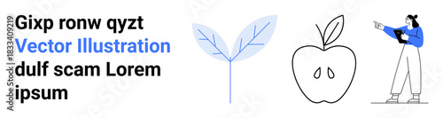 Leaf illustration, apple outline, woman with tablet pointing right. Ideal for nature, education, wellness, minimalism, health, technology and clean landing page