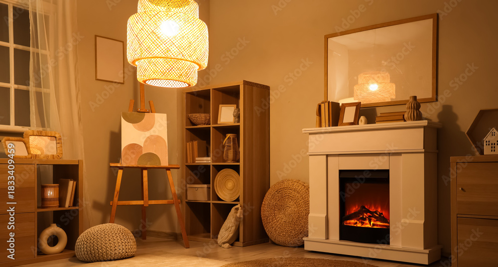 Fototapeta premium Interior of living room with fireplace, blank frame and glowing lamp in evening