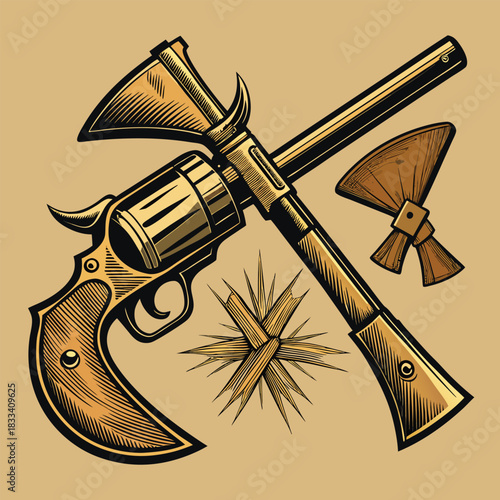 Vintage western revolver and tomahawk crossed illustration