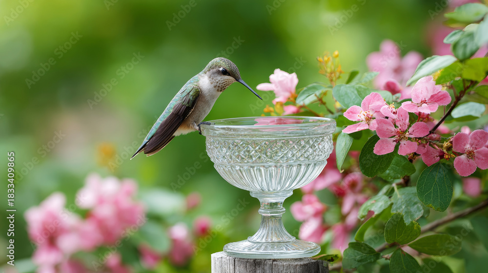 Fototapeta premium Hummingbird drinking water from glass bird bath in blooming spring garden, attracting wildlife