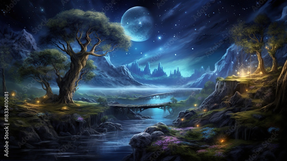 Obraz premium Enchanted Twilight Landscape Under a Luminous Full Moon with a Mystical River and Distant Castle