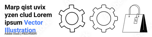 Two gear outlines and a shopping bag combining industrial process design with retail themes. Ideal for business workflow, innovation, commerce, retail, operational efficiency, production, simple