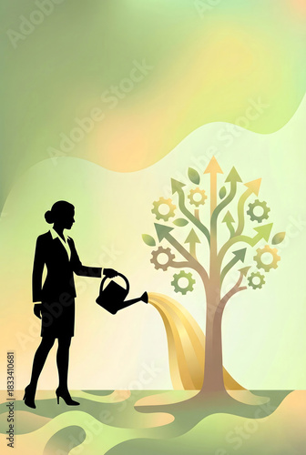 Silhouette of Businesswoman Watering Abstract Tree of Gears and Arrows: Concept for Business Growth, Investment, and Sustainable Strategy