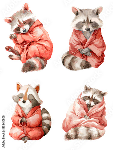 Adorable watercolor raccoons wrapped in soft cozy robes sitting in calm poses. Ideal for nursery art children design bedtime themes animal illustrations and cute woodland decor.