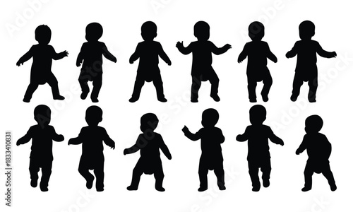 Collection of baby silhouettes showing various standing and walking poses