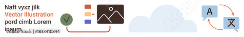 Language translation, cloud computing, data sharing, file verification, online tools, global communication. Visual of cloud, file verification icons and A-Z translation. Language translation
