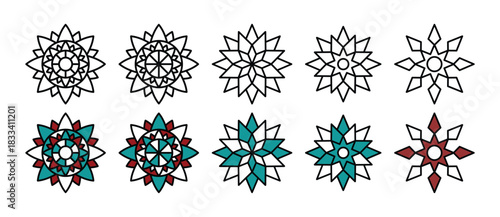 A detailed set of Islamic geometric rosette and star mandala patterns featuring clean line art and colorful decorative ornamental vector designs.