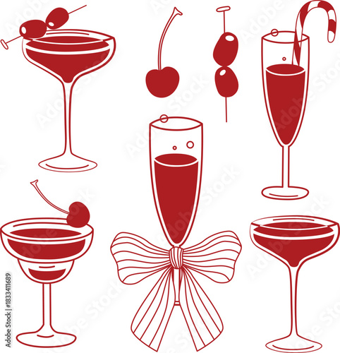 Hand-drawn Christmas party collection of cocktails with bow, cherry, olives and candy cane in red color
