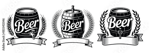 Vintage beer barrels, Hand-drawn wooden beer barrels, Wooden beer barrels beer lettering, and blank banners for customization, Design elements for logo, label, emblem, sign, badge. Vector illustration