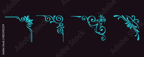 Elegant teal corner flourish accents for modern designs and invitations, adding a touch of sophistication and decorative flair, perfect for creative projects