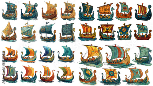 Colorful illustrations of Viking ships with decorated sails and wooden hulls. Perfect for historical design adventure themes mythology artwork fantasy projects and nautical decor.