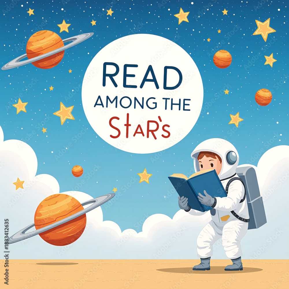 Naklejka premium Astronaut reading a book in outer space with cosmic background and planets visible 