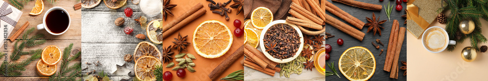 Fototapeta premium Christmas collage with spices and coffee, top view. Happy winter holidays