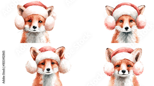 Cute watercolor fox portraits wearing Santa hats and fluffy earmuffs. Perfect for Christmas cards winter design nursery art festive decorations and seasonal illustration projects.