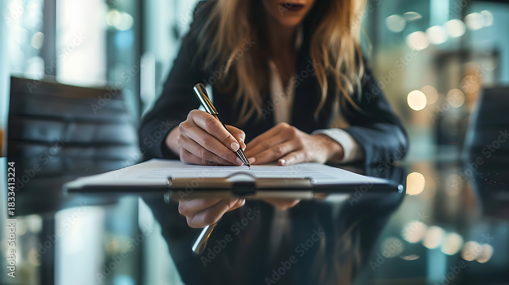 Obraz premium woman signing a legal contract on a smooth black conference table, elegant pen, soft overhead lighting, close-up focus on her face showing professionalism and precision