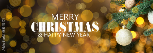 Merry Christmas and Happy New Year. Greeting card with fir tree, festive ornaments and bokeh lights on dark background