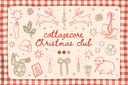 Christmas collection of cozy cottagecore decorative elements. Hand drawn charming doodle cottage core aesthetics. Vintage ornaments, decor, sticker elements on a plaid checked tartan background