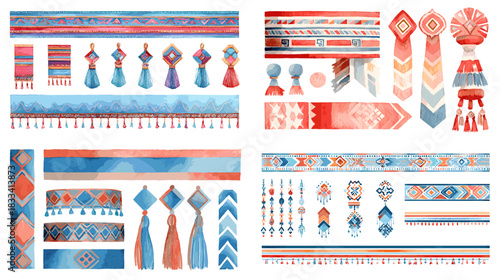 Vibrant boho tribal elements including borders, ribbons, tassels and geometric motifs in blue and coral tones. Perfect for bohemian design crafts textiles fashion decor and ethnic artwork.