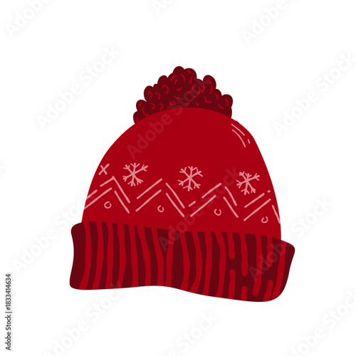 Warm knitted purple wool beanie hat with pompom and snowflake ornament