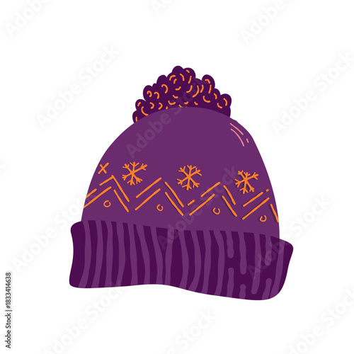 Cozy knitted winter hat with pompom and snowflakes ornament