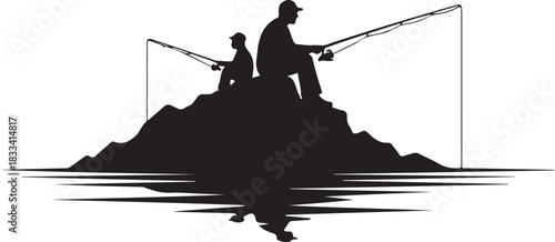 Father and child fishing silhouette on a mountain lake with water reflection, symbolizing leisure, family, and outdoor recreation.