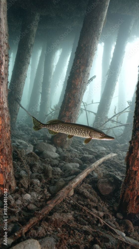Fototapeta premium Northern pike swimming underwater near wooden pier pilings