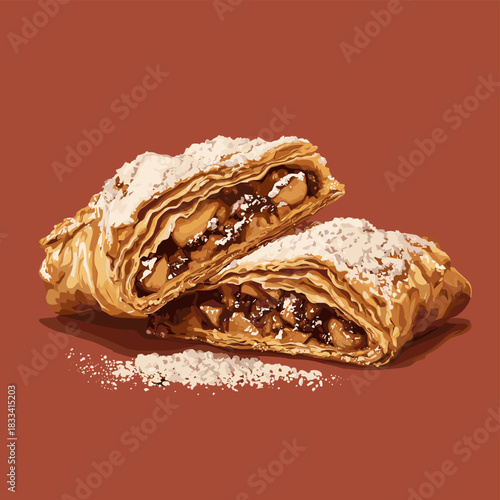 Vector illustration of a german style apple strudel dusted with pordered sugar