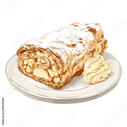 Vector illustration of a german style apple strudel dusted with pordered sugar