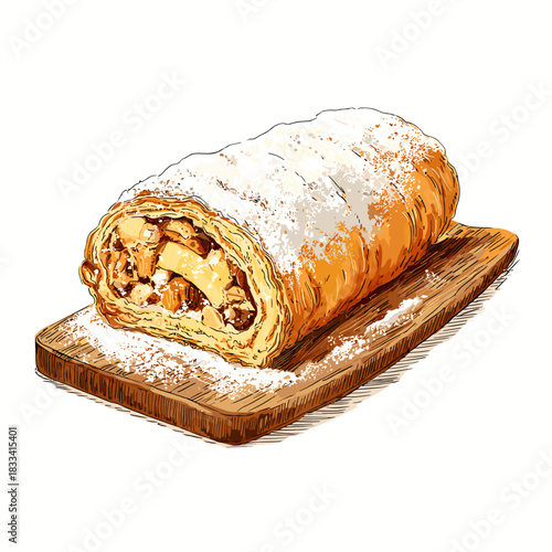 Vector illustration of a german style apple strudel dusted with pordered sugar