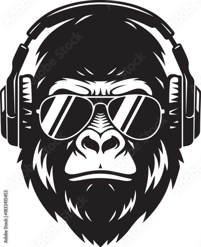 Cool gorilla head with stylish sunglasses and modern headphones, a black and white vector illustration for music, dj, and wild themes.