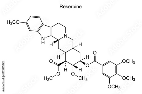 Reserpine, chemical structure of reserpine, drug substance