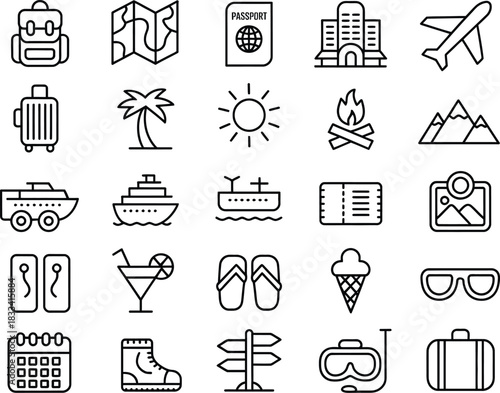 A comprehensive set of minimalist line art icons representing various elements of travel, adventure, and vacation planning, ideal for web, print, and digital applications
