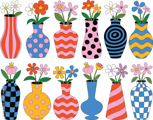 Playful collection of retro flower vases, adorned with diverse psychedelic patterns and whimsical blooms, bringing a vibrant, nostalgic, and colorful aesthetic to any design