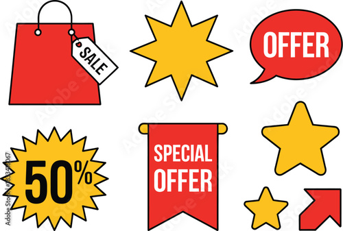 Vibrant set of graphic marketing icons for sales and special offers, including discount tags, percentage symbols, and promotional banners for e-commerce and retail