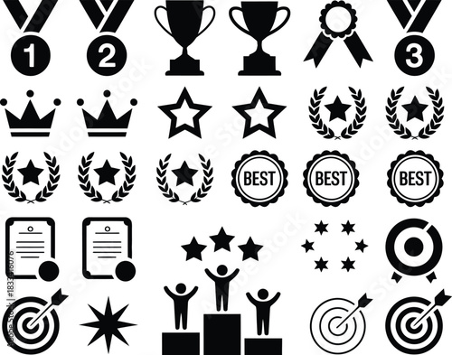 A comprehensive collection of diverse award and achievement icons, symbolizing success, victory, and recognition across various competitive fields and celebratory occasions