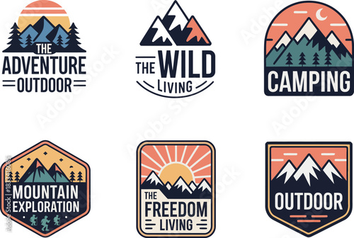 A collection of six vintage outdoor adventure emblems with mountain, forest, and sunset illustrations in a flat vector style