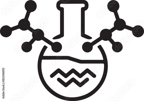 Chemical laboratory flask with molecular structures icon illustration, representing science, research, education, and biotechnology experiments.