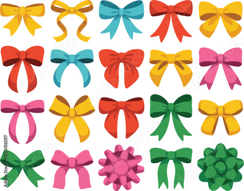 Vibrant Collection of Illustrated Decorative Ribbons and Bows in Diverse Styles, Perfect for Gifts, Celebrations, and Creative Design Projects