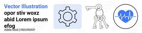 Gear indicating work or settings, keys symbolizing security, and heartbeat representing health monitoring. Ideal for technology, security, healthcare, teamwork, innovation, productivity simple