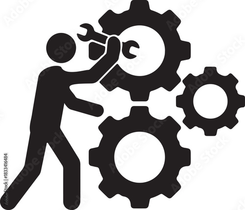 Person adjusting a large gear with a wrench, symbolizing mechanical maintenance, system optimization, repair, and industrial process management.