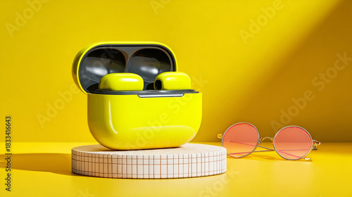 A pair of wireless earbuds in a yellow case with pink-tinted sunglasses on the side, all set against a vibrant yellow background