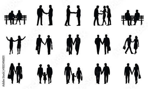 Silhouettes: business interactions, family strolls, friends on benches, walking couples, and individuals.