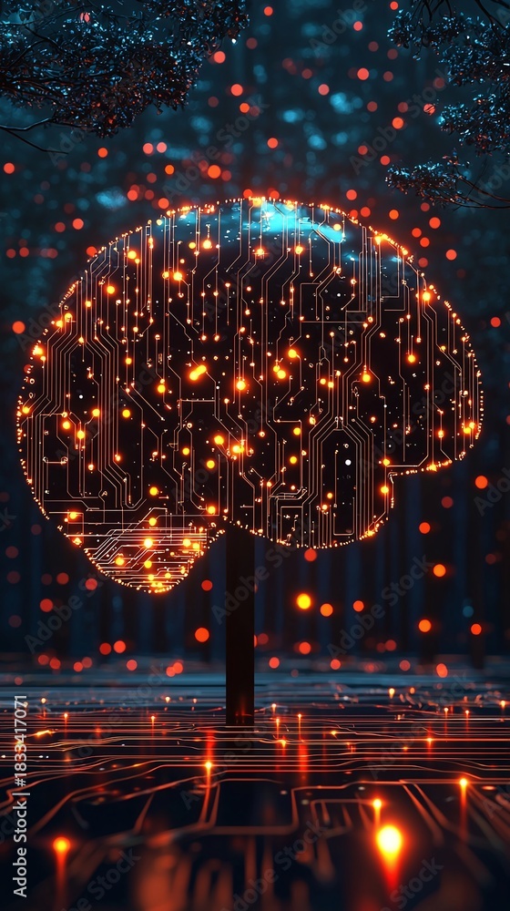 Fototapeta premium Illuminated Brain Tree on Digital Landscape circuit board Image